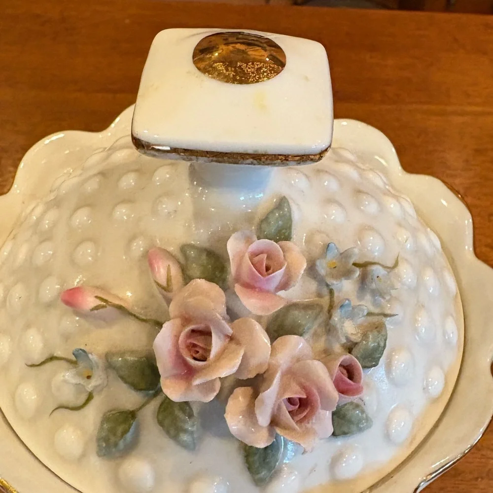 Lefton China Hobnail Milk Glass Hand Painted Rose Trinket Jewelry Box 1192
